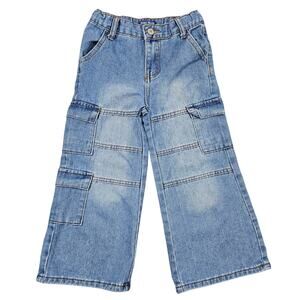 SOHO BLUE DENIM GIRLS’ WIDE‑LEG CARGO JEANS – SIZE 6X – LIGHT BLUE WASH